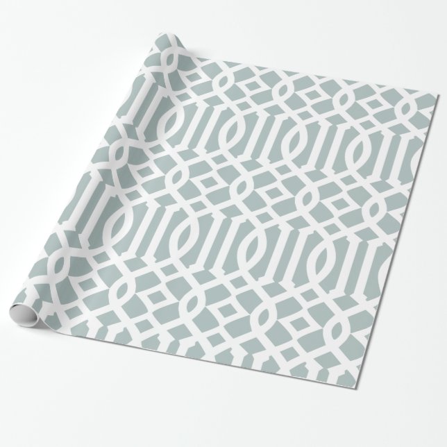 Grey Blue and White Trellis Pattern Wrapping Paper (Unrolled)