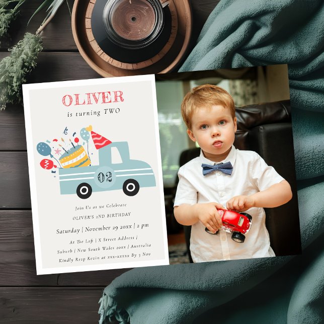 Grey Blue Any Age Birthday Cake Truck Photo Invite (Creator Uploaded)