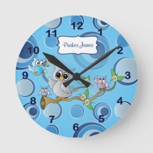 Grey & Blue Baby Owl   Nursery Theme Round Clock