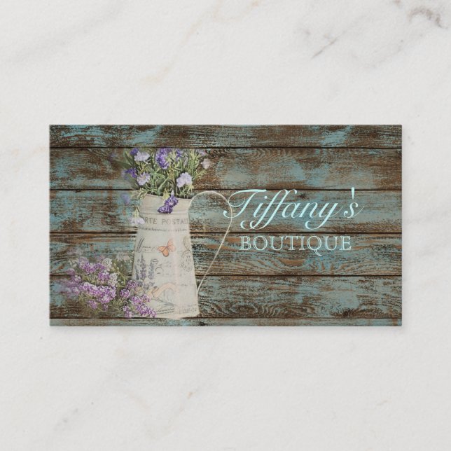 grey blue barn wood lavender rustic country business card (Front)