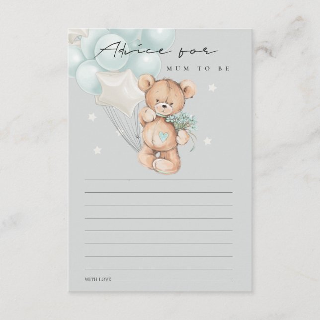 Grey Blue Bear Balloon Advice For Mum Baby Shower Enclosure Card (Front)
