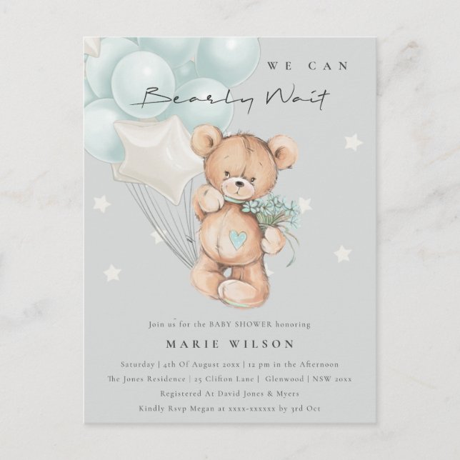 Grey Blue Bear Bearly Wait Balloon Baby Shower Postcard (Front)