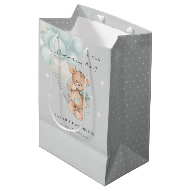 Grey Blue Bearly Wait Bear Balloon Baby Shower Medium Gift Bag (Front Angled)