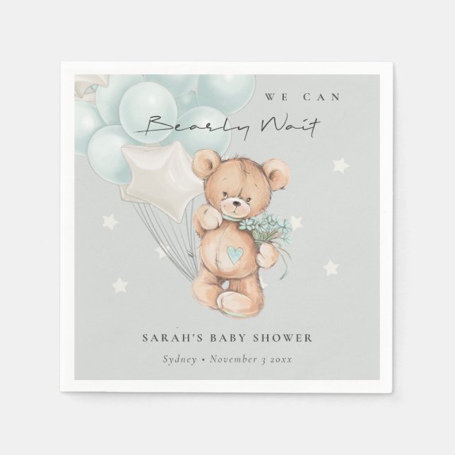 Grey Blue Bearly Wait Bear Balloon Baby Shower Napkin (Front)