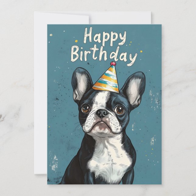 Grey-Blue Boston Terrier Birthday Party Invitation (Front)