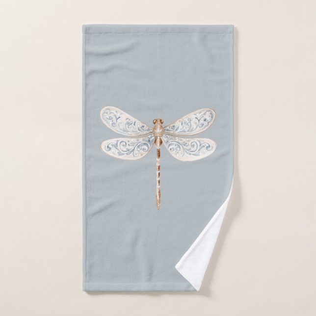 Grey Blue Bronze White Dragonflies Bath Towel Set (Hand Towel)