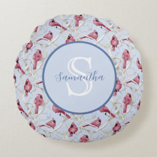Grey Blue Cardinal Birds Personalized Monogram Round Pillow