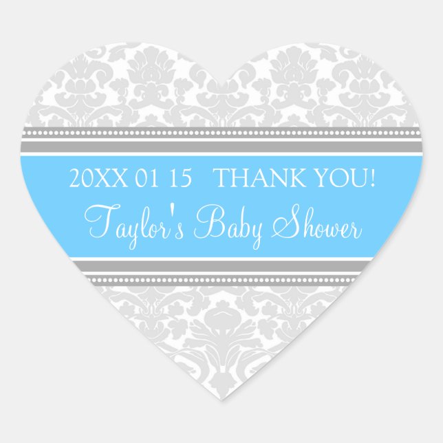 Grey Blue Damask Baby Shower Favour Stickers (Front)