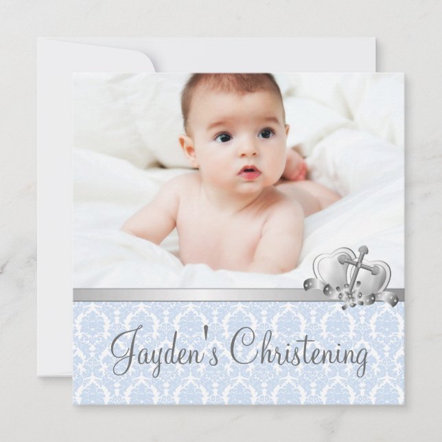 Grey Blue Damask Boys Photo Christening Invitation (Front)