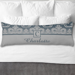 Grey Blue Damask Monogram Personalized Name Body Pillow