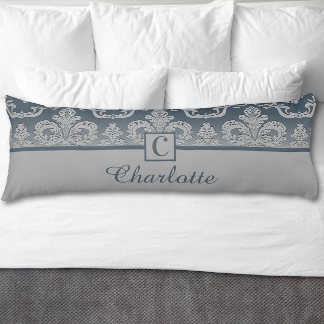 Grey Blue Damask Monogram Personalized Name  Body Pillow (Creator Uploaded)
