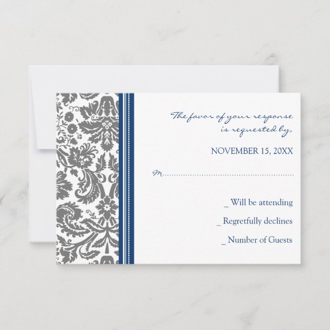 Grey Blue Damask RSVP Wedding Card (Front)