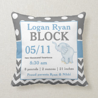 Grey Blue Elephant Baby Announcement Pillow