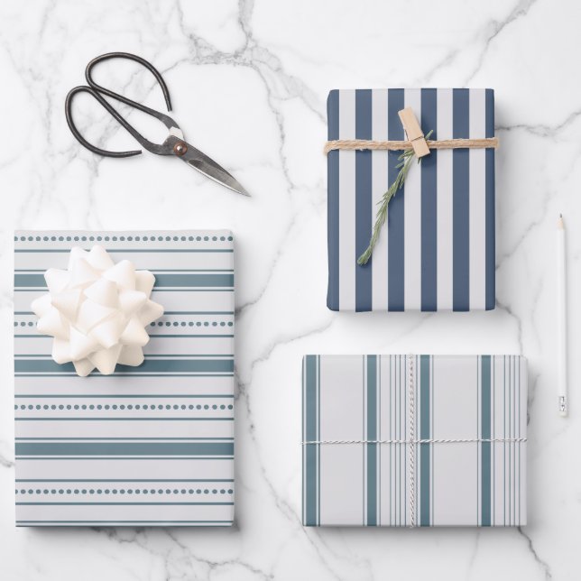Grey Blue Farmhouse Stripes Wrapping Paper Sheet (Front)