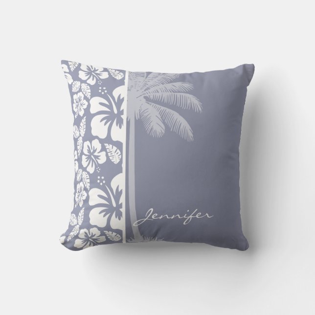 Grey-Blue Hawaiian Tropical Hibiscus; Palm Throw Pillow (Front)