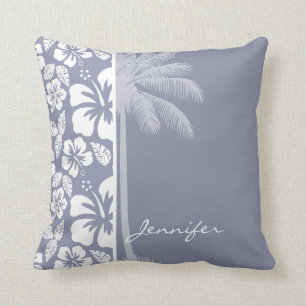 Grey-Blue Hawaiian Tropical Hibiscus; Palm Throw Pillow