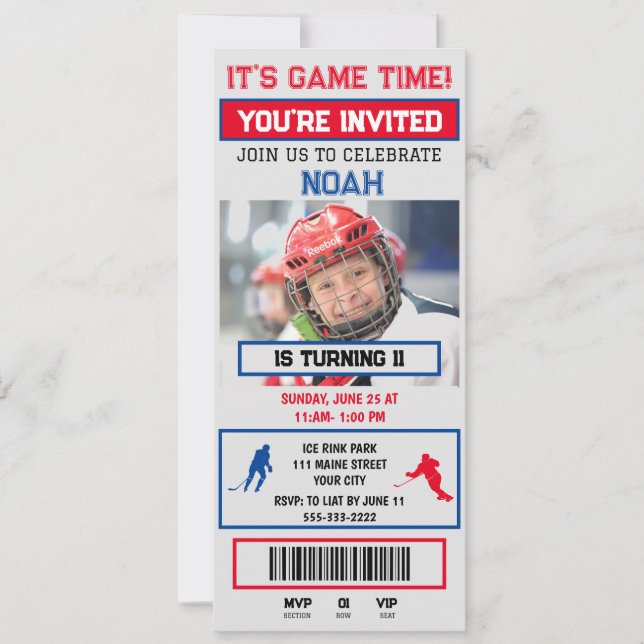 Grey&blue Hockey Ticket Birthday Party Invitation (Front)