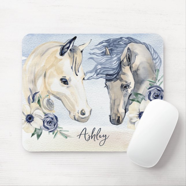 Grey blue horse with flowers personalized name mouse pad (With Mouse)