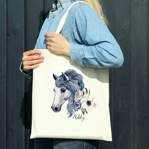 Grey blue horse with flowers personalized name tote bag