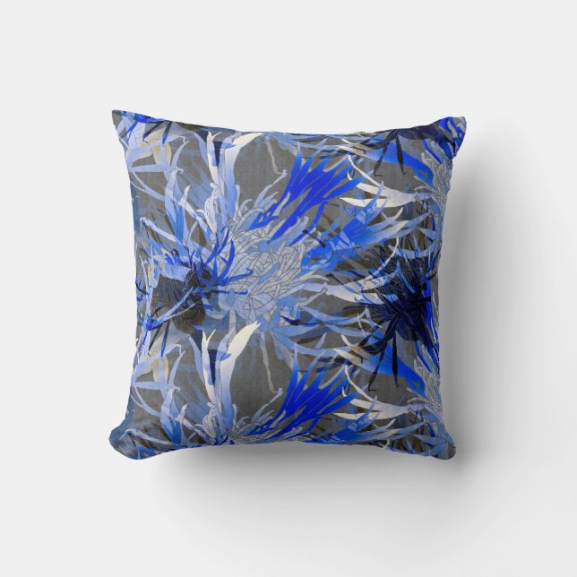 Grey & Blue Modern Artistic Abstract Floral Throw Pillow (Front)