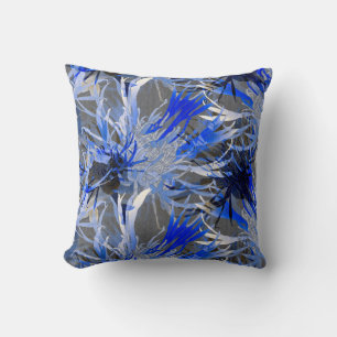 Grey & Blue Modern Elegant Abstract Floral Throw Pillow