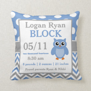 Grey Blue Owl Baby Announcement Pillow