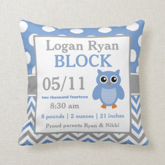 Grey Blue Owl Baby Announcement Pillow