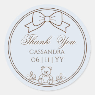 Grey Blue Personalized Teddy Bear Bow Classic Round Sticker