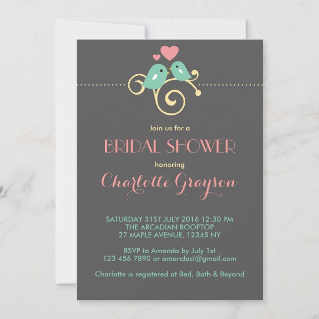 Grey Blue Pink Lovebirds Bridal Shower Invitation (Front)