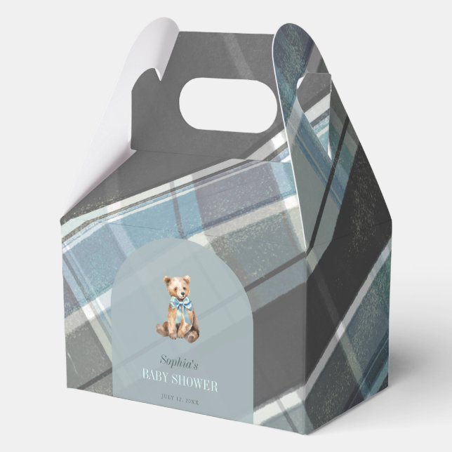 Grey & Blue Plaid Teddy Bear Boy Baby Shower Favor Box (Front)