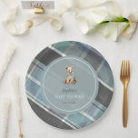 Grey & Blue Plaid Teddy Bear Boy Baby Shower Paper Plate<br><div class="desc">Welcome your little one with timeless charm. This baby shower paper plate features a sweet teddy bear with a blue ribbon. The background showcases a traditional dark grey, with subtle hints of slate blue and green for a fresh, modern touch. Perfect for those who love a sophisticated yet cozy look,...</div>