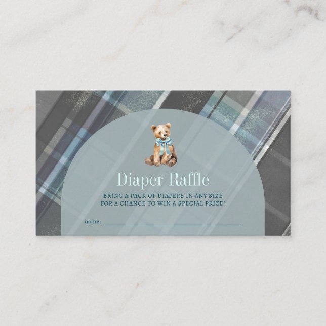 Grey & Blue Plaid Teddy Bear Diaper Raffle Ticket Enclosure Card (Front)