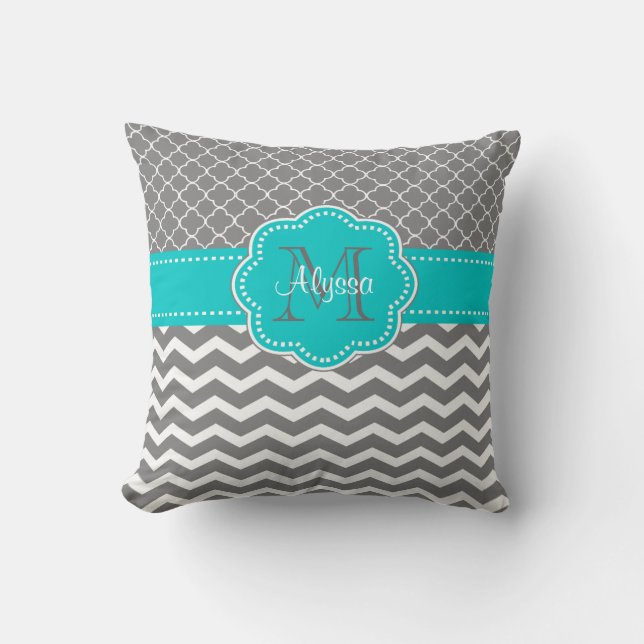 Grey Blue Quatrefoil Chevron Personalized Throw Pillow (Front)