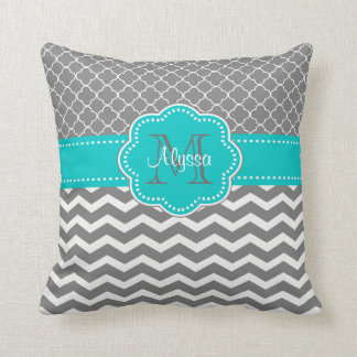 Grey Blue Quatrefoil Chevron Personalized Throw Pillow