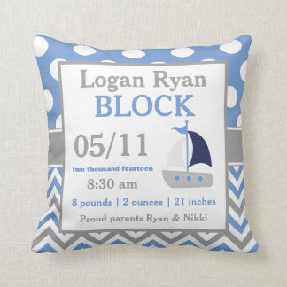 Grey Blue Sailboat Baby Announcement Pillow