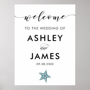 Grey Blue Starfish Wedding Welcome Sign