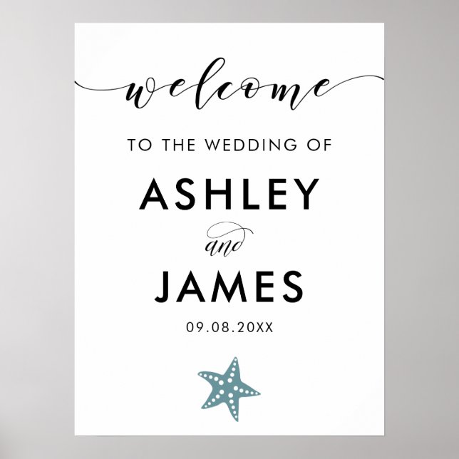 Grey Blue Starfish Wedding Welcome Sign (Front)