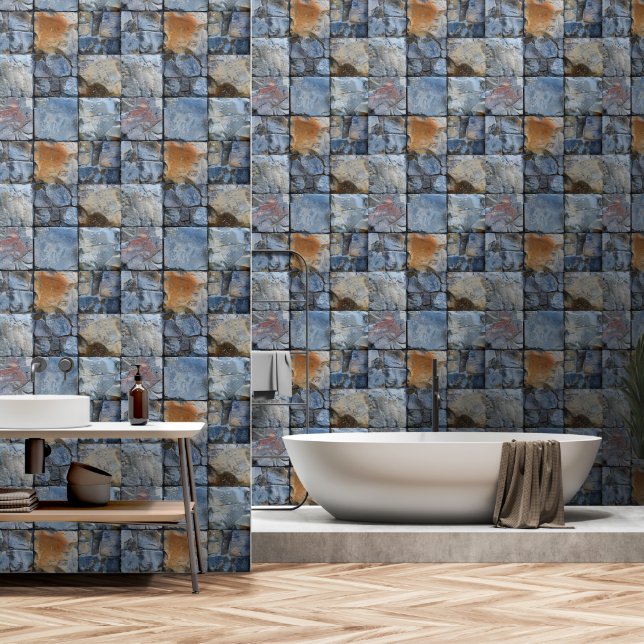 Grey Blue Stone Tile Pattern Wallpaper (Bathroom)