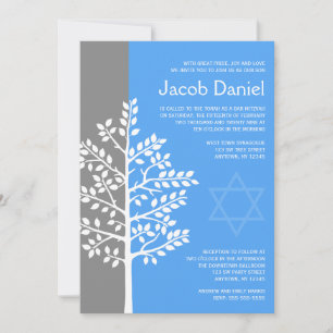 Grey Blue Tree of Life Bar Mitzvah Invitations