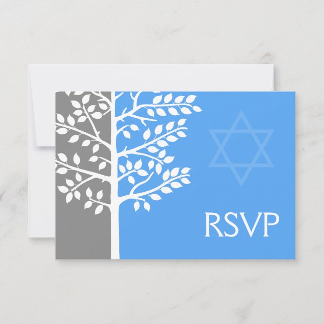 Grey Blue Tree of Life Bar Mitzvah RSVP (Front)