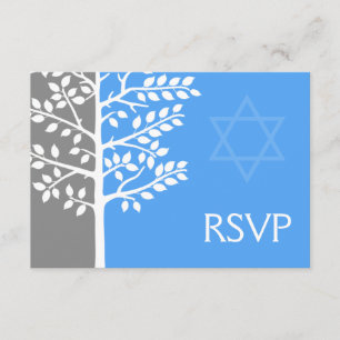 Grey Blue Tree of Life Bar Mitzvah RSVP Card