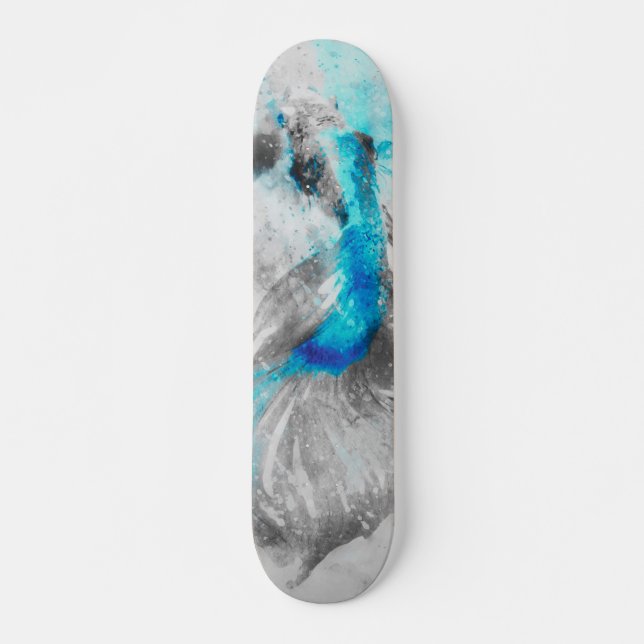 Grey Blue Turquoise Watercolor Betta Fish  Skateboard (Front)