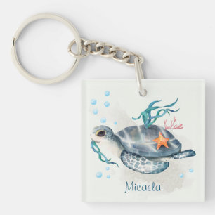 Grey Blue Turtle Ocean Scene with monogram Keychain