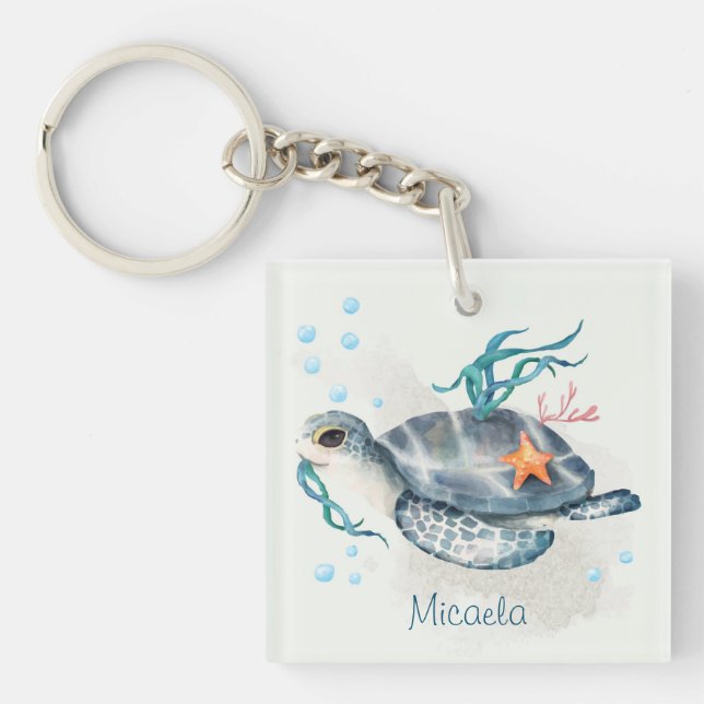 Grey Blue Turtle Ocean Scene with monogram Keychain (Front)