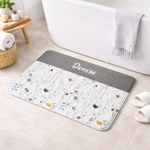 Grey Blue Watercolor Wildflower Monogram Bath Mat