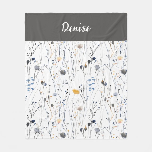Grey Blue Watercolor Wildflower Name Fleece Blanket (Front)