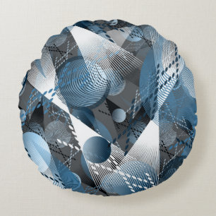 Grey, blue, white abstract pattern. round pillow