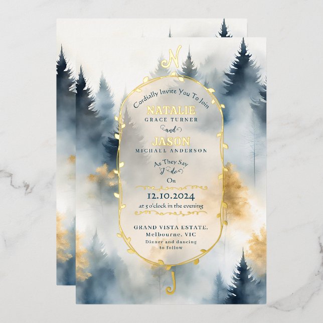 GREY Blue Winter Pine Tree Forest Monogram Wedding (Front/Back)