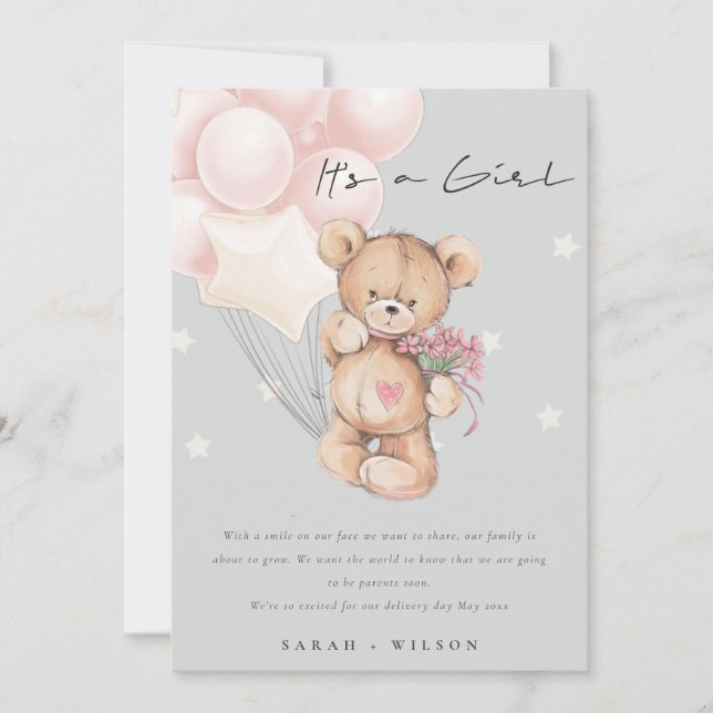 Grey Blush Bear Balloon Baby Announcement Card  (Front)