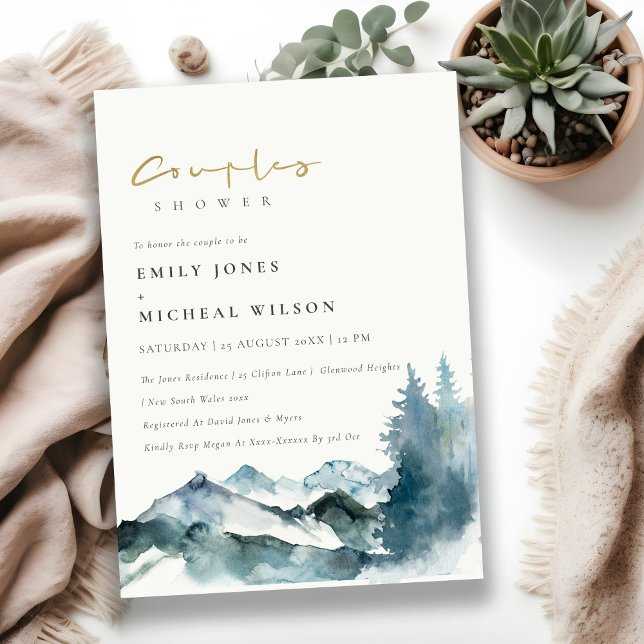 Grey Blush Blue Mountains Pine Couples Shower Invitation (Creator Uploaded)